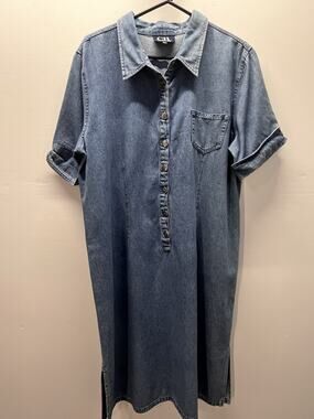 CB Casual VNT Womens L Denim Shift Shirt Dress Short Sleeve Detailed Cuffs Midi